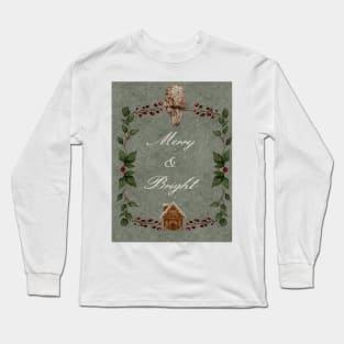 Cozy Holiday Watercolor Gingerbread House and Sleeping Owl Holiday Wreath Around Merry and Bright Cursive Typography Long Sleeve T-Shirt